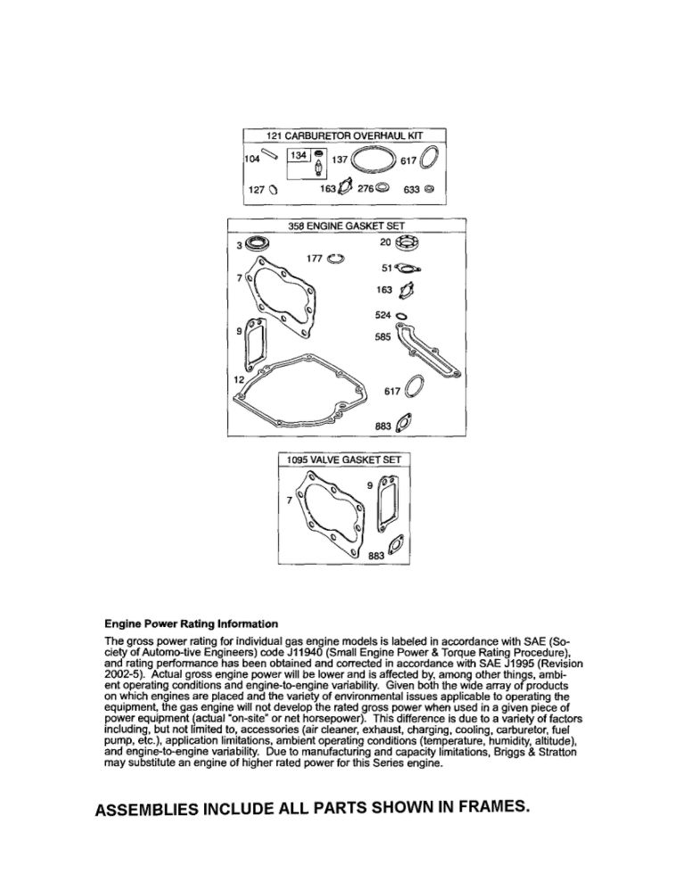 Gasket Sets Diagram and Parts List for 126T02-1225-EA  Briggs and Stratton Engine